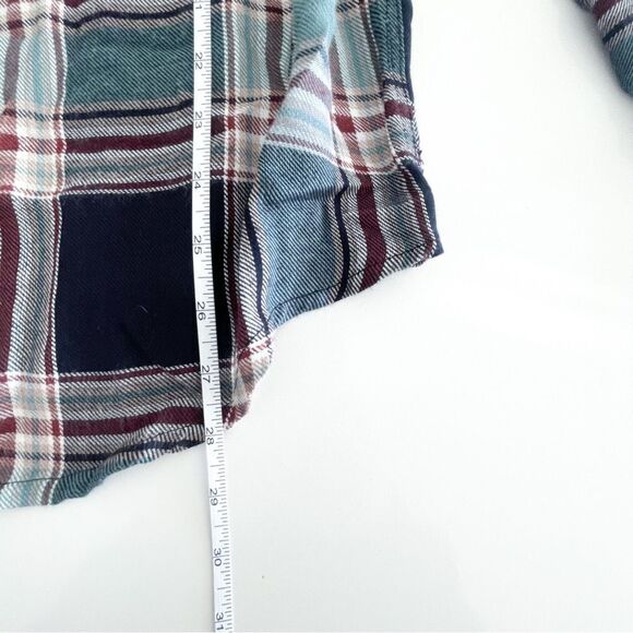 Dex Shirt Plaid Top Teal Black Burgundy Button Up Curved Bottom Women's M Rayon - Picture 7 of 9